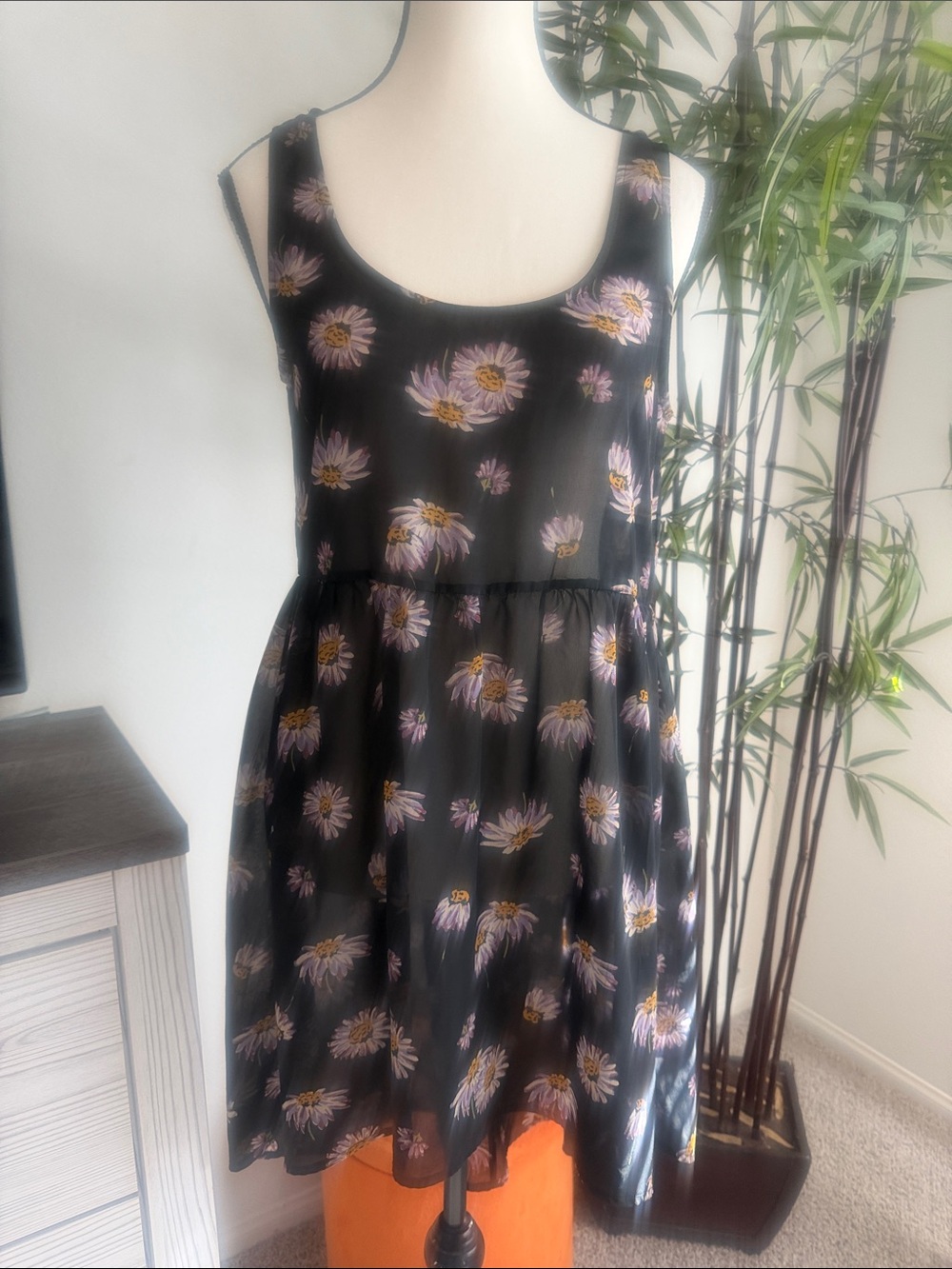 O'Neill Black Floral Scoop-Neck Sheer Dress with Lavender & Yellow Blooms